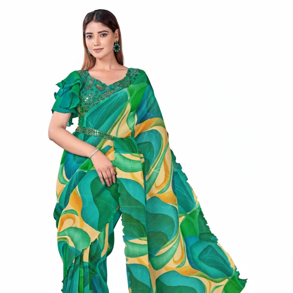 Women's Embroidered Green Ruffle Sleeve Satin Silk Saree - Elegant Wear